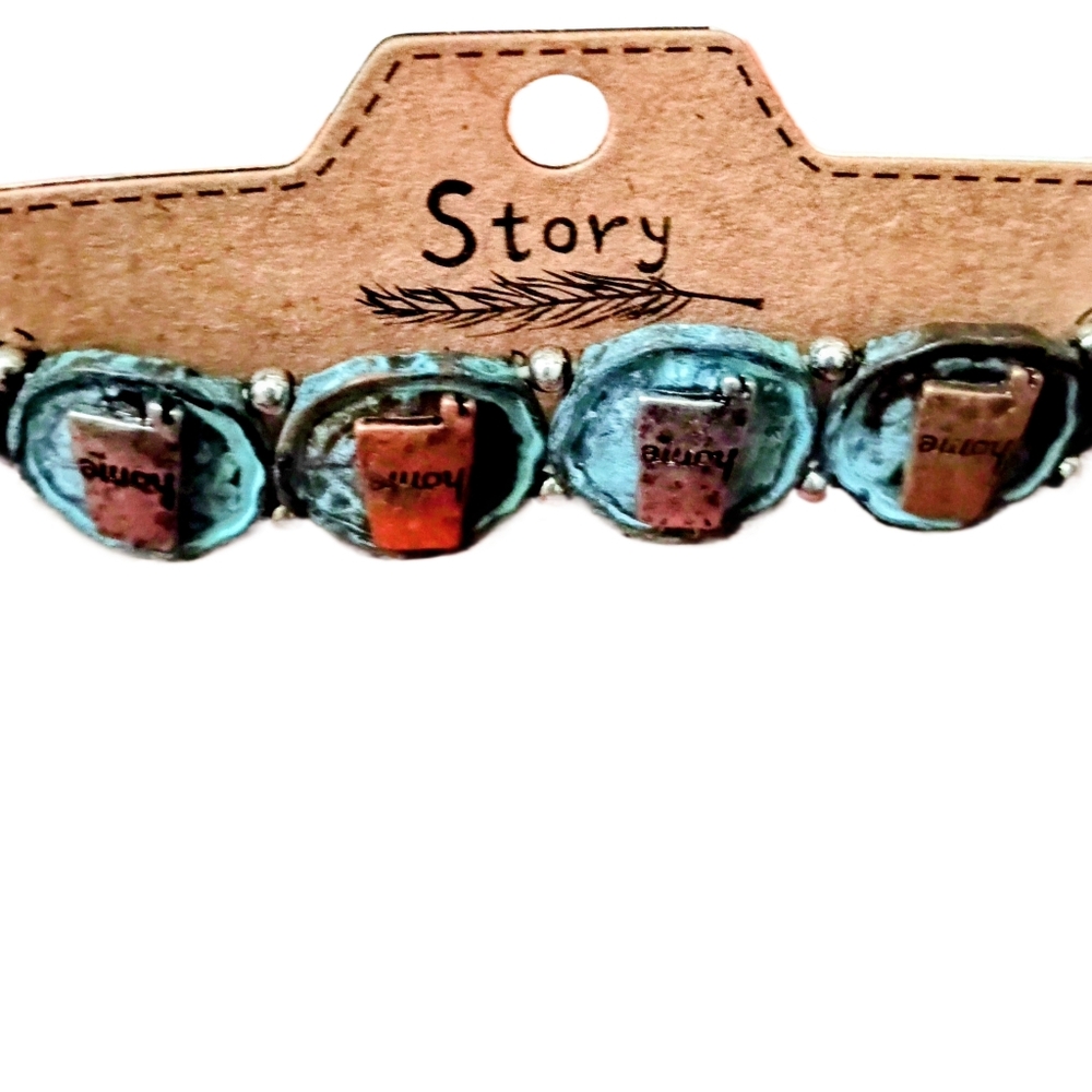 Story Beaded Bracelet with Blue and Brown Accents Hammered Stretch Bracelet